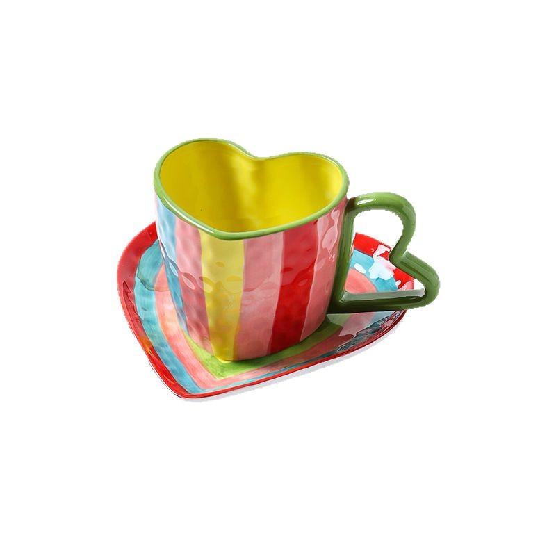 Creative Ceramic Mugs Striped Rainbow Couple Ceramic Heart-shaped Cups Coffee Cup Afternoon Tea Accessories Drinking Utensils