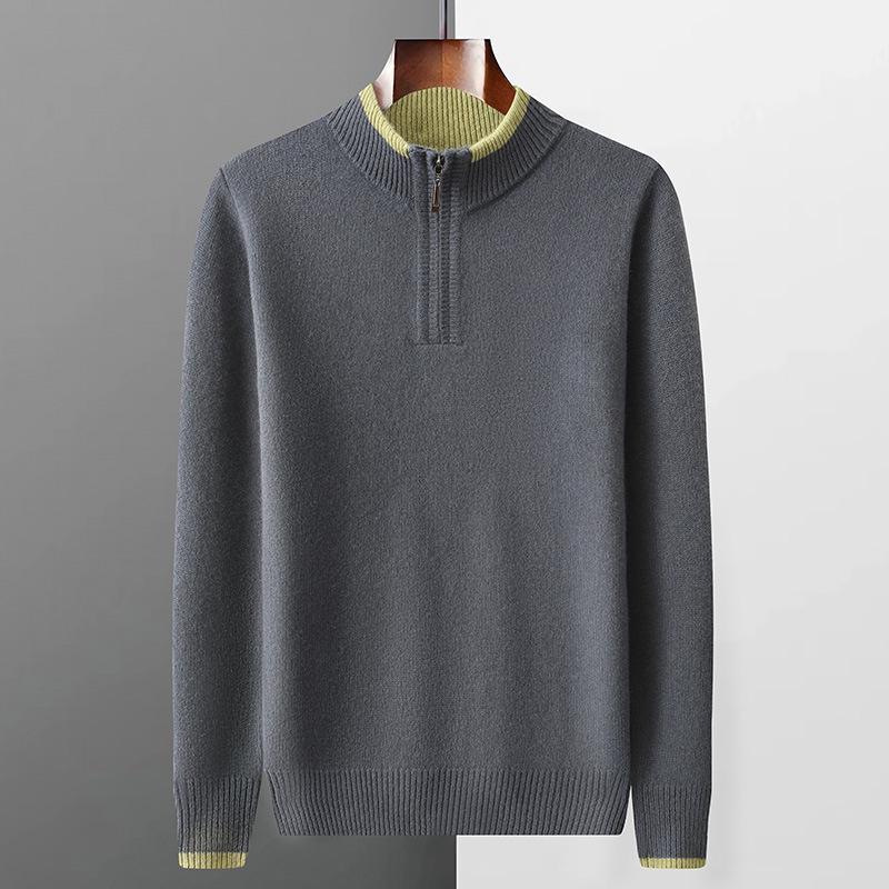 Men's Autumn/Winter Wool Knit Zipper Pullover - Seven-Needle Thickened Half-High Collar Sweater