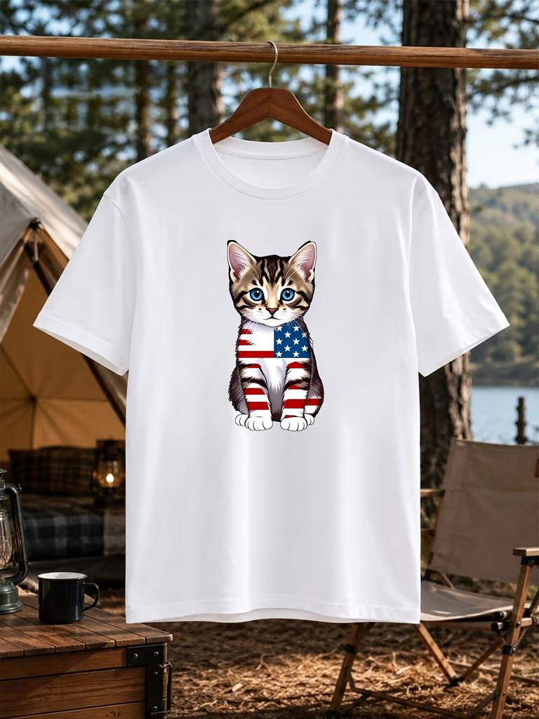 Memorial Day Cat Funny Kitten 4Th of July Patriotic Usa Flag Tshirt Round Neck Tshirt Halloween Than