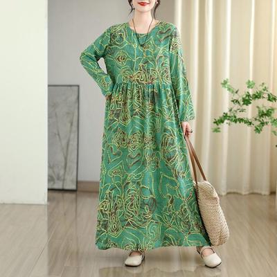 Neues Vintage Blumen-Maxikleid Damen Übergröße Frühling Langarm Locker Oversize Basic Langes Kleid