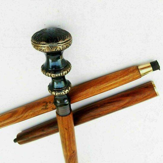 Antique Brass Designer Solid Round Knob Head Handle Brass Wooden Walking Stick