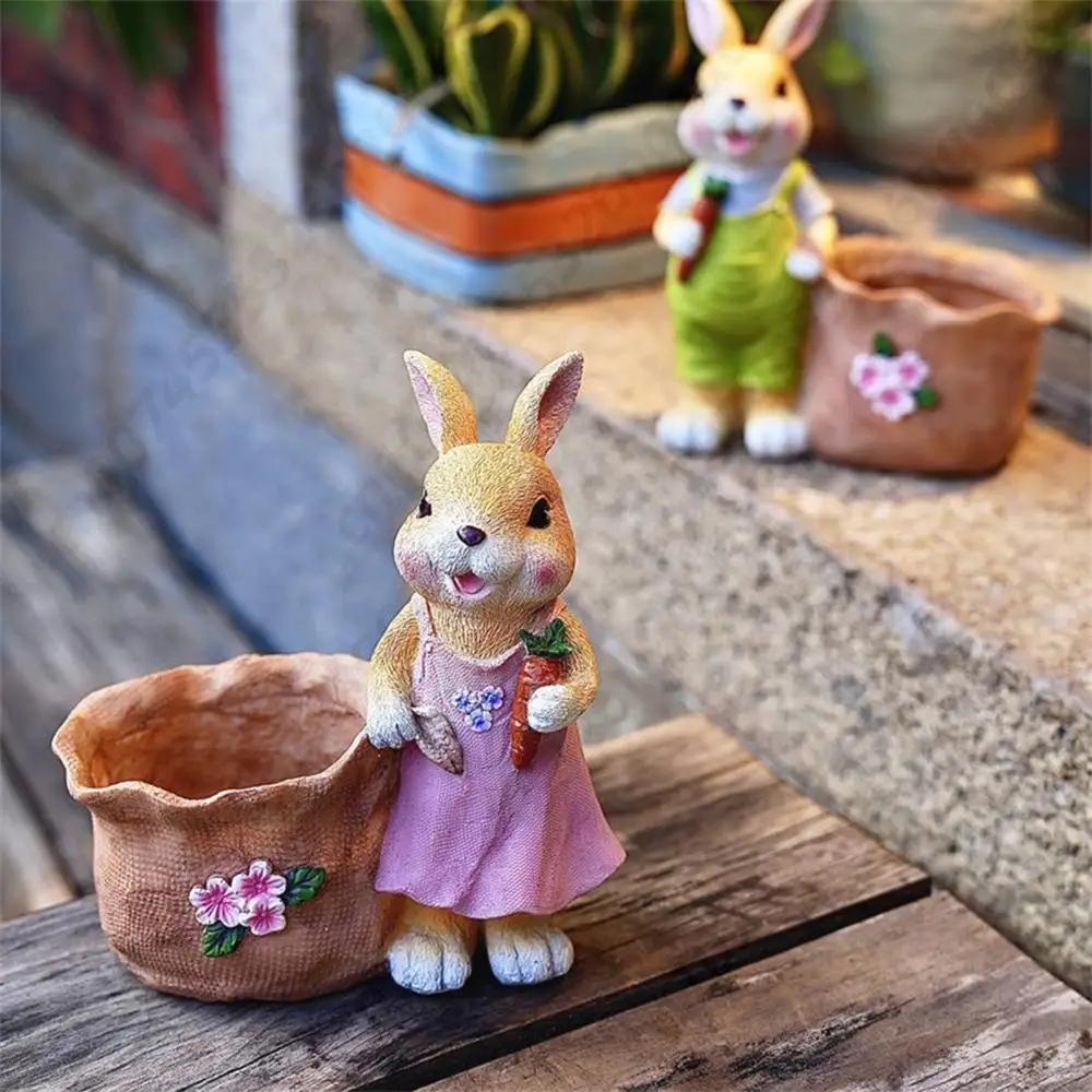 Bunny With Carrot Flower Pot Reusable Cartoon Spring Flower Pot Resin Animal Succulents Holder for Home Festival Decoration