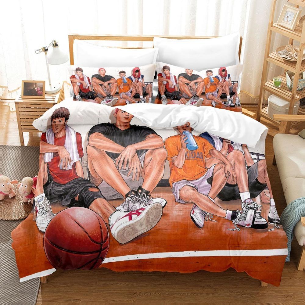 Anime Basketball Theme Microfibre Bedding Sets, Children's Bed Linen with Zip Room Decor Duvet Cover for Teenagers Adult 3-Piece