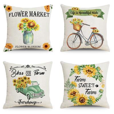 Spring and Summer Flowers Pillowcase Wish Sunflower Bicycle Wreath Linen Pillowcase
