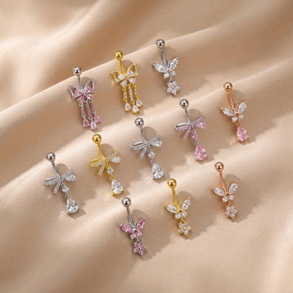 Elegant Dangled Belly Ring Zircon Curved Barbell Daily Butterfly Navel Piercing Seaside