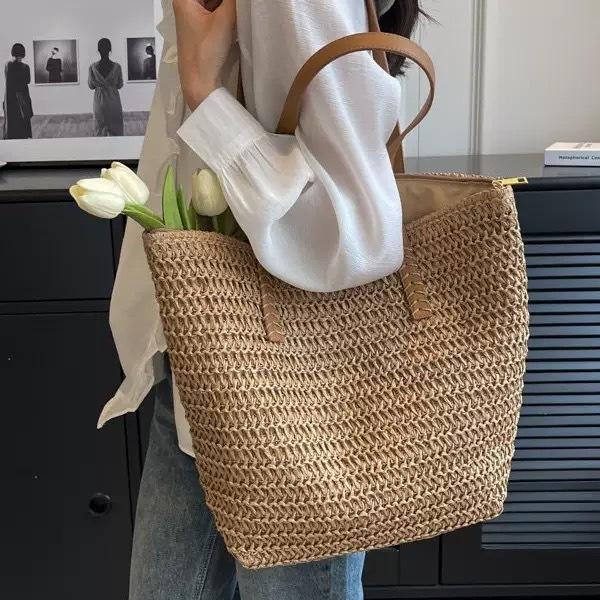 Straw Woven Tote Shoulder Bag with Tassel Detail and Spacious Interior