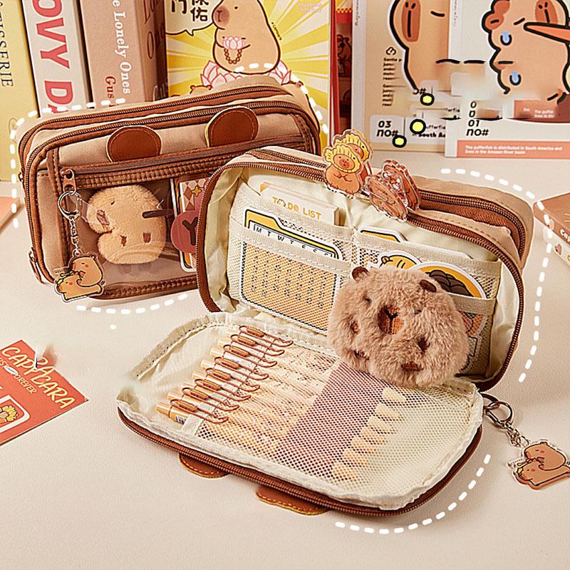 Capybara Large Capacity Pencil Case Transparent Multi Layer Pen Bag коричневый