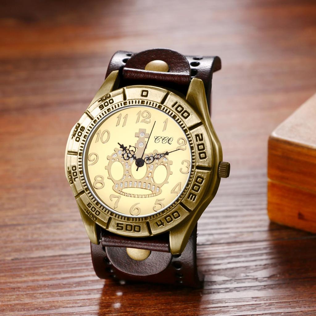 Unisex Punk Uhr im Antik-Stil mit Lederarmband: Wasserdichte Analoge Anzeige mit Krone und Quarzwerk, Motorraduhr aus echtem Leder,