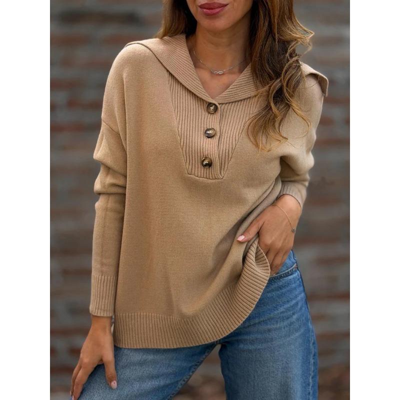 Women S Loose Fit Turn Down Collared Long Sleeve Solid Color Sweater