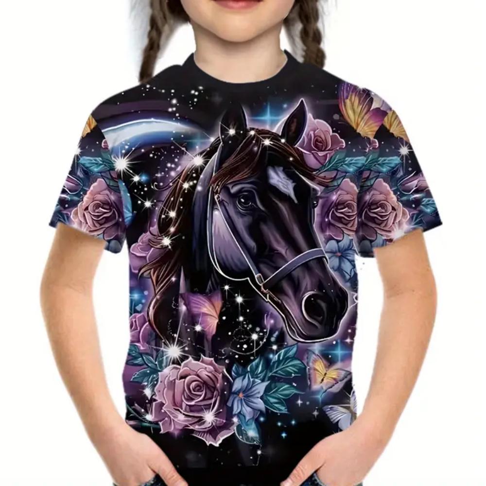 Summer Girls' Clothing Cute and Interesting Animal Horse Round Neck Short Sleeved Printed T-shirt Fashionable Streetwear Top Girls' T-shirt