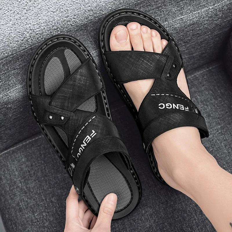 

Сандалии для мужчин 2024 года, новые повседневные сандалии на платформе, модные мужские летние туфли на плоской подошве, кожаные тапочки Hombre Plus Size 38-44 44