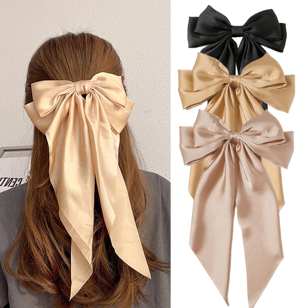 Korean Accessories Hair Clips for Women Girls Big Bowknot Solid Satin Long Ribbon Bows Spring Clamp Barette Cheveux Femme 2026