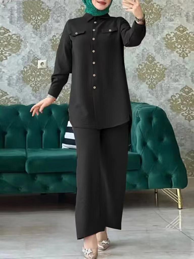 

Мусульманский женский весенне-летний этнический комплект с длинным рукавом, рубашка и брюки, отложной воротник с накладными карманами, удобная посадка. L чёрный