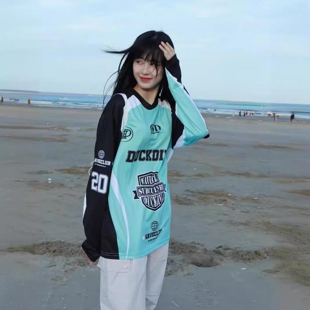 Dámský retro americký síťovaný dres s pouličním potiskem: Volný taneční top s dlouhým rukávem