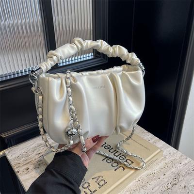 New Solid Color Pleated PU Shoulder Bag, Lightweight and Comfortable Fabric, Detailed Design, Large Capacity
