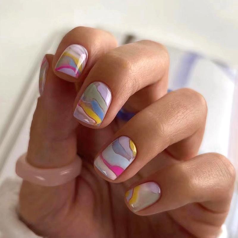 Multi-Color Abstract Striped Square Nails – European & American Style Hand-Painted Fake Nails