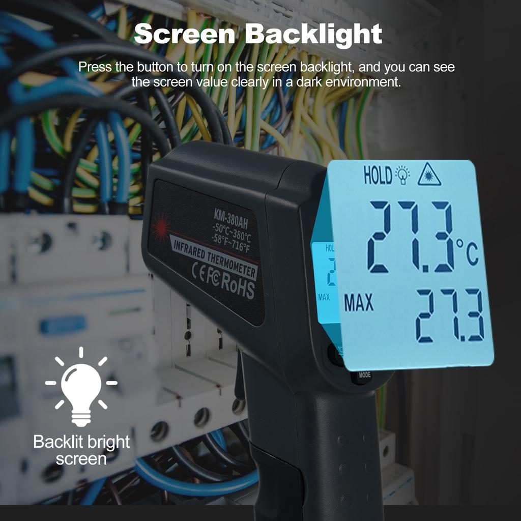 KM380AH 50 celsius ~380 celsius  58 Fahrenheit ~716 Fahrenheit  NonContact Infrared Thermometer IR Thermometer Handheld Digital