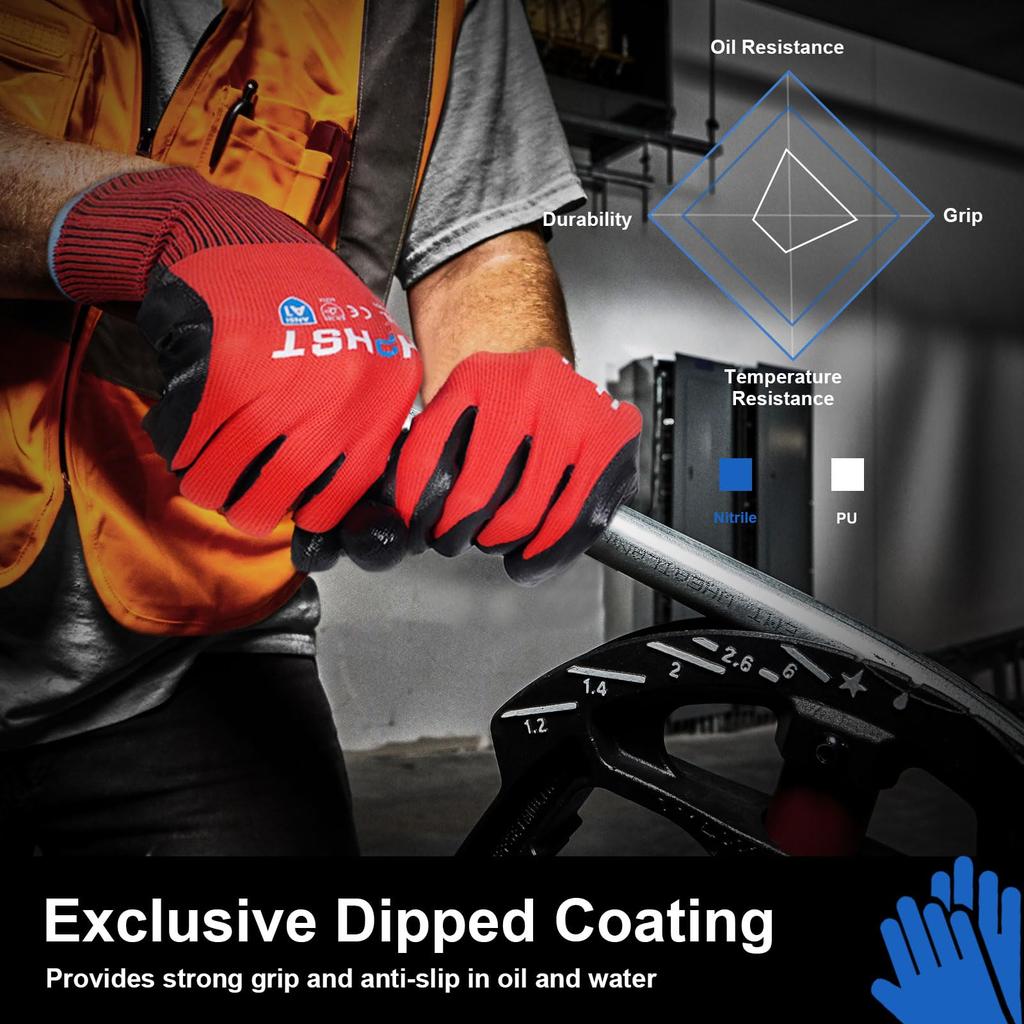 Sicherheits-Arbeitshandschuhe, Nitrilbeschichtet, Arbeitshandschuhe mit Nitrilgriff für und Holzbearbeitung [HPHST] Handschuhe, Handschuhe, 12-teilig, Herren - Touchscreen, Rutschfest,