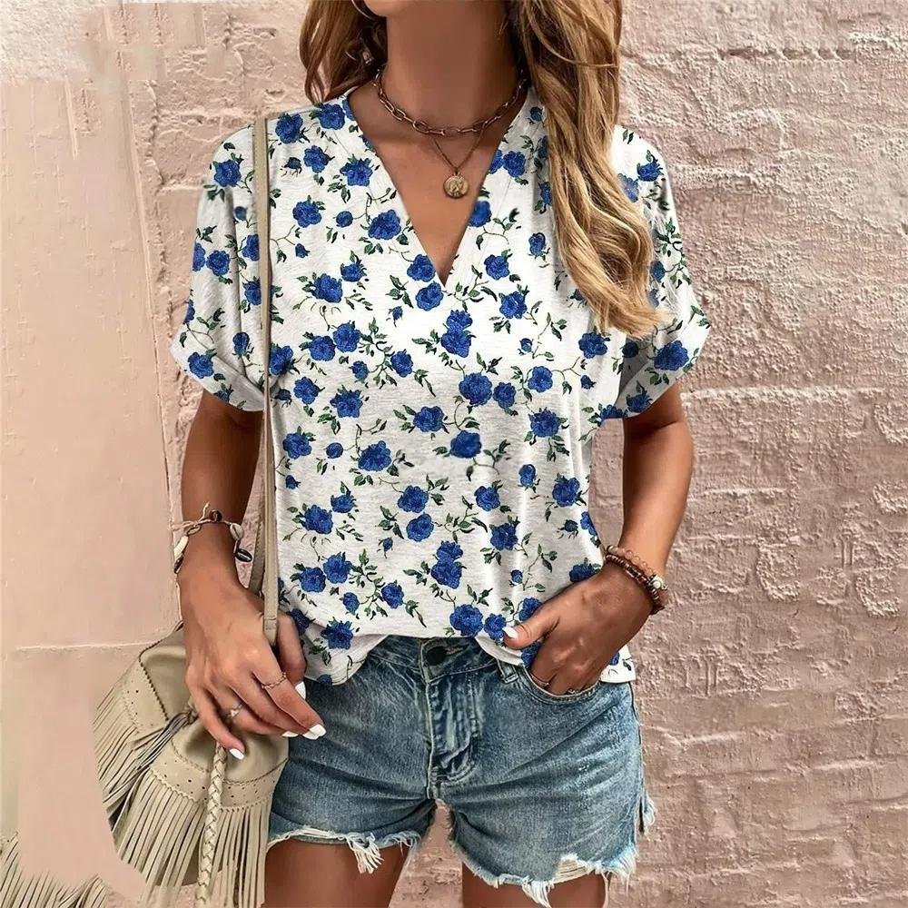 

S-8XL Большие размеры Crushed Flower Повседневные футболки Уличная одежда Повседневные женские топы с коротким рукавом Футболки Футболки с V-образным вырезом Модная одежда 8XL