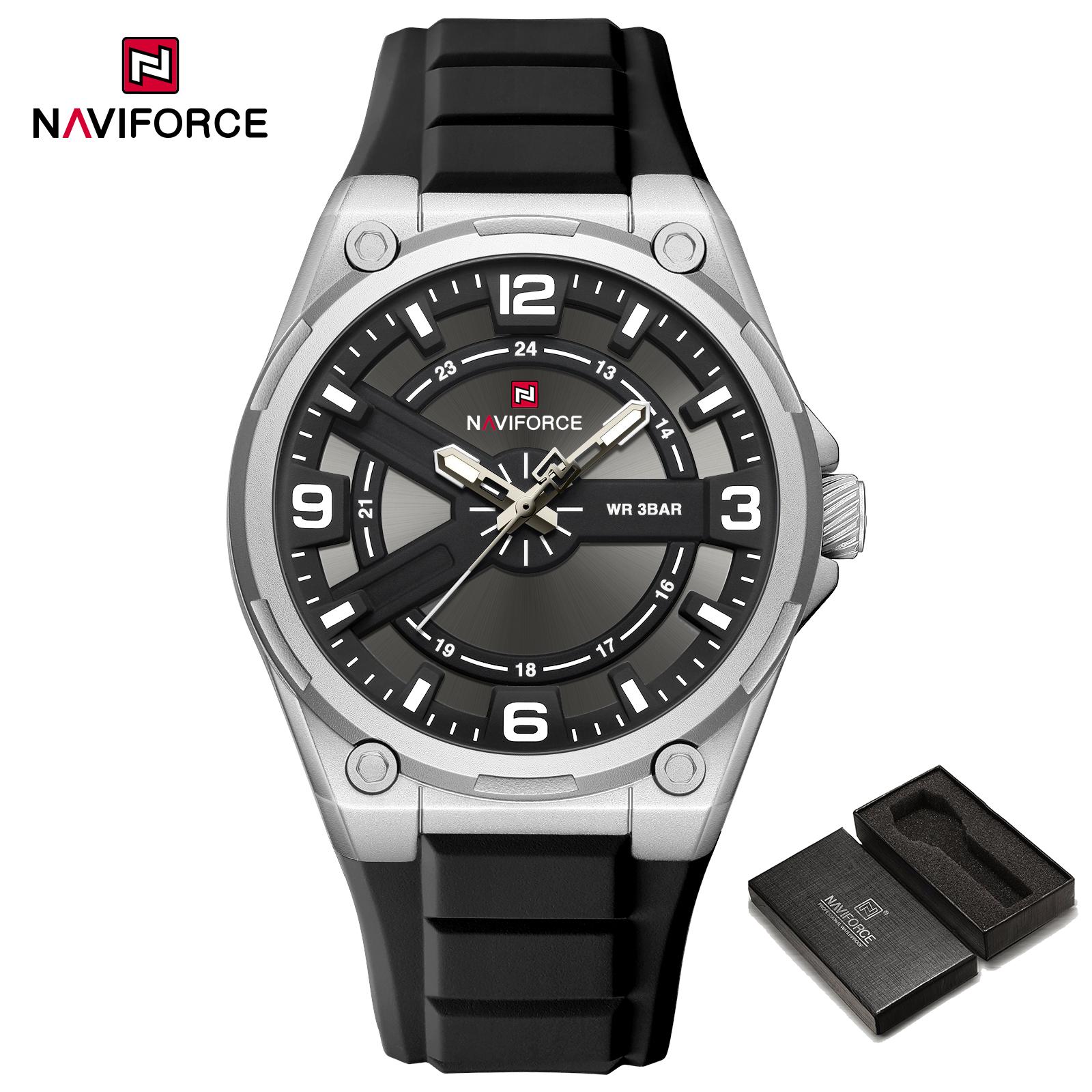 

NAVIFORCE Оригінальний чоловічий кварцовий годинник Знімний покажчик Водонепроникний 3ATM Силіконовий ремінець Круглий Чоловічий Дитячий Модний годинник NF9260 срібний/чорний