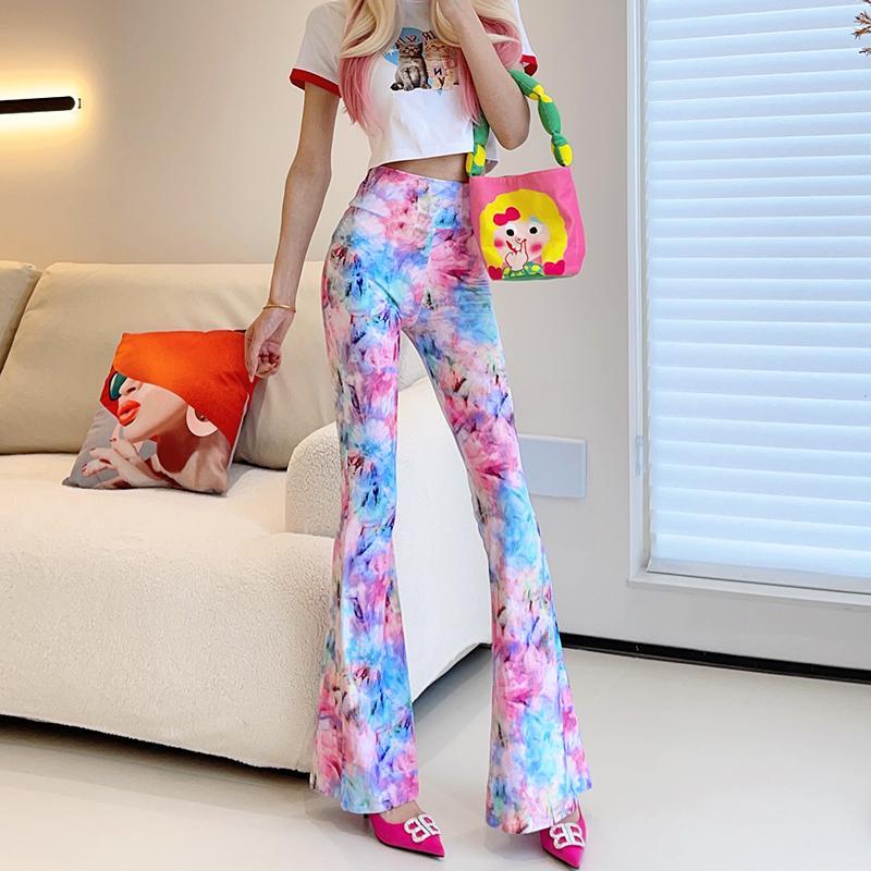 Spring Thin Women's High-waisted Flared Pants Slim Fit Trousers Printed Stretch Flared Pants