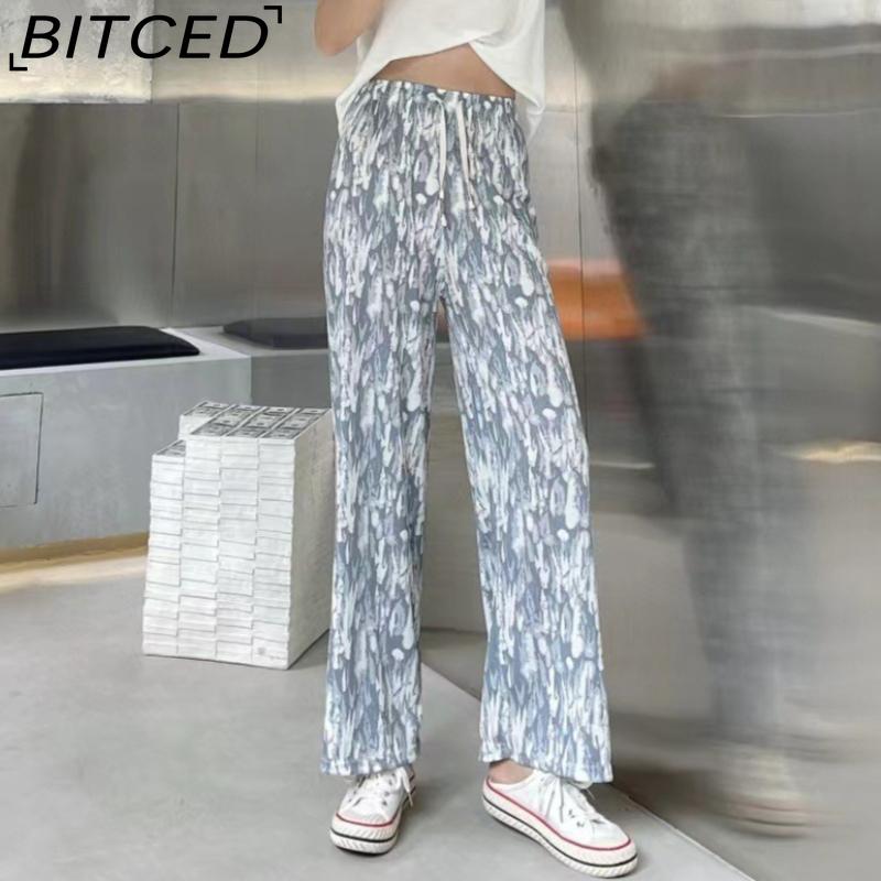 BITCED Vintage-Style Wide-Leg Trousers for Women Spring/Autumn Striped Tie-Dye High-Waisted Straight-Leg Casual Trousers with Drape