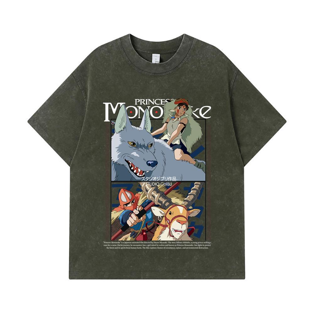 

275 GSM Washed T-shirts 100% Cotton Ghibli V4 Princess Mononoke Print Unisex Heavy Cotton T Shirt S армия зеленый