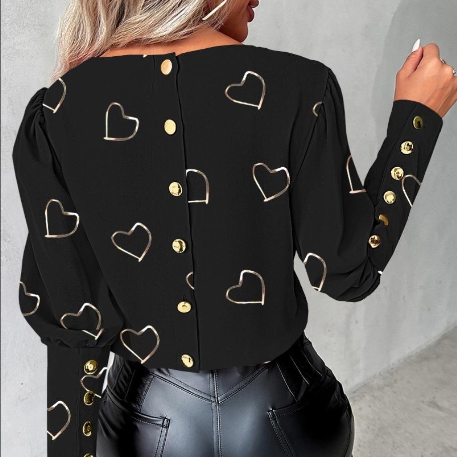Damen Frühlingshemden Herz-Print Rundhalsausschnitt Langarm Locker Blusen Mode Lässig Knopf Elegant Büro Damen Oberteile