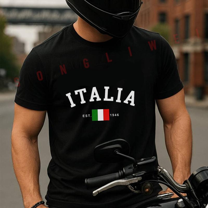 Italia Letter Print Motorcycle T-Shirt Cotton Cute Men T Shirts Summer Casual Short Sleeve Roun