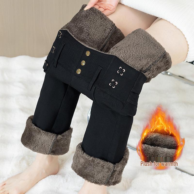 Women's High-Waist Velvet-Lined Denim Flare Pants: Slimming, Elastic, and Warm Nine-Point Style