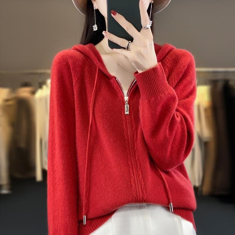 Autumn Sweater Cardigan Women's Wool Hoodie Double Zipper Hooded Sweater Jacket