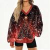 Women's Fashionable V-neck Christmas Printed Long Sleeved Casual Pullover Plush Warm Sweatshirt Top