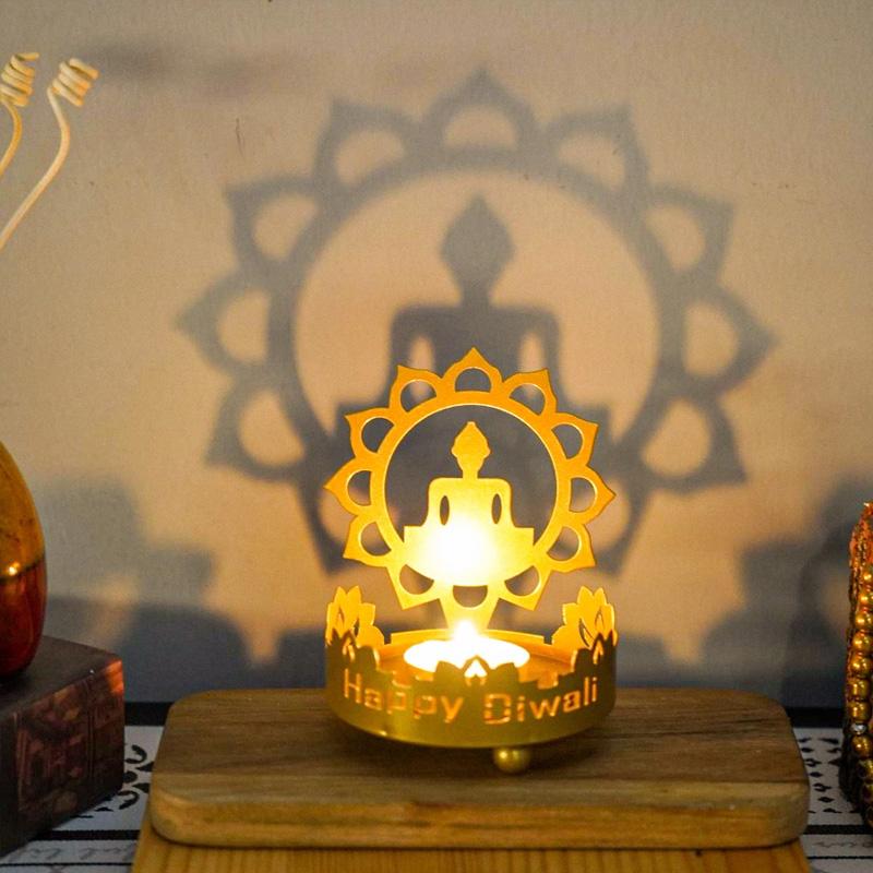 1 st Lycka Hemdekoration Diwali Festival Hantverk Buddha Staty Ihålig Metall Skuggkonst Ljusstake Ljuslampa