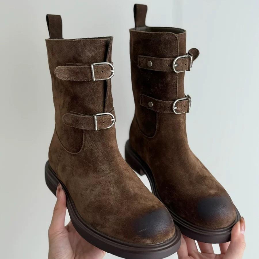 Cowhide version~ retro polished round head belt buckle Martin boots women's 2025 new thick heel western cowboy boots short boots