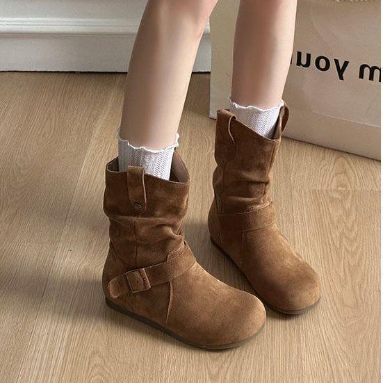 Damskie botki retro z okrągłym noskiem - Jesień/Zima Gruba podeszwa Styl kowbojski