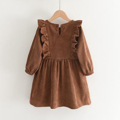 Girls' Dress Baby Autumn New Round Neck Ruffled Long Sleeve Dress Solid Color Corduroy Dress