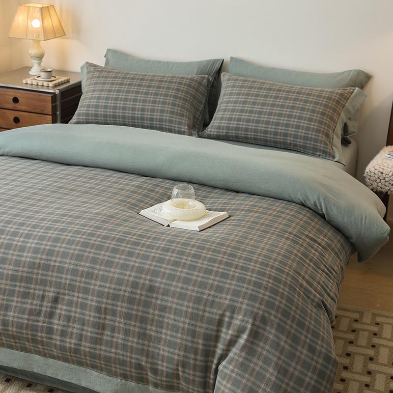 2026 Spring/Summer Men's Pure Cotton Striped 4-Piece Bedding Set: Washed Cotton Bed Sheet & Duvet Cover.