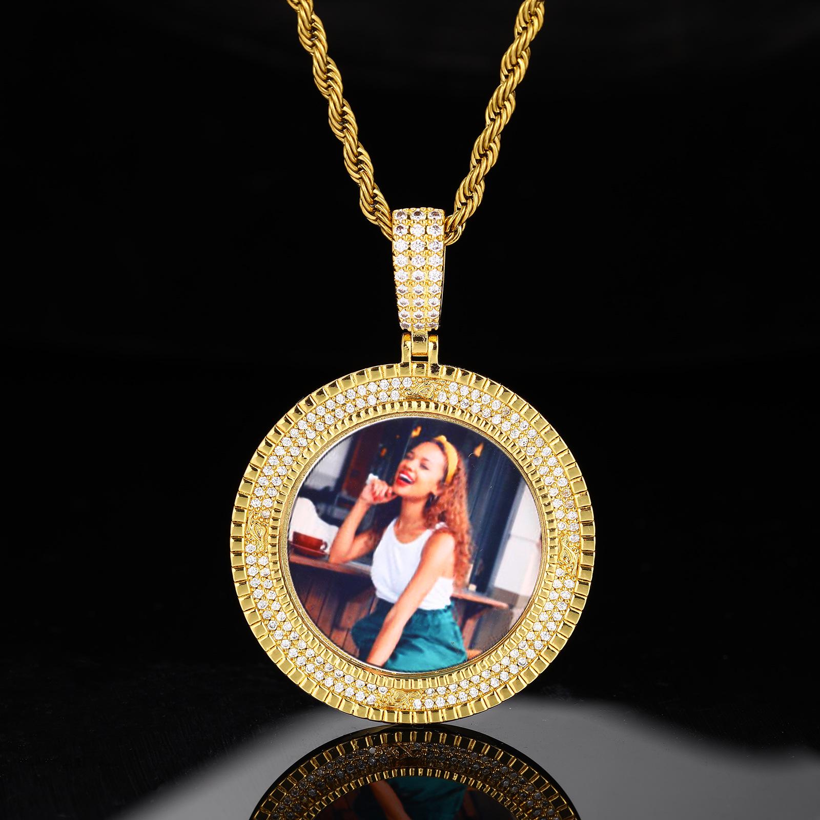 European Hip Hop Double Row Zircon Photo Pendant Necklace