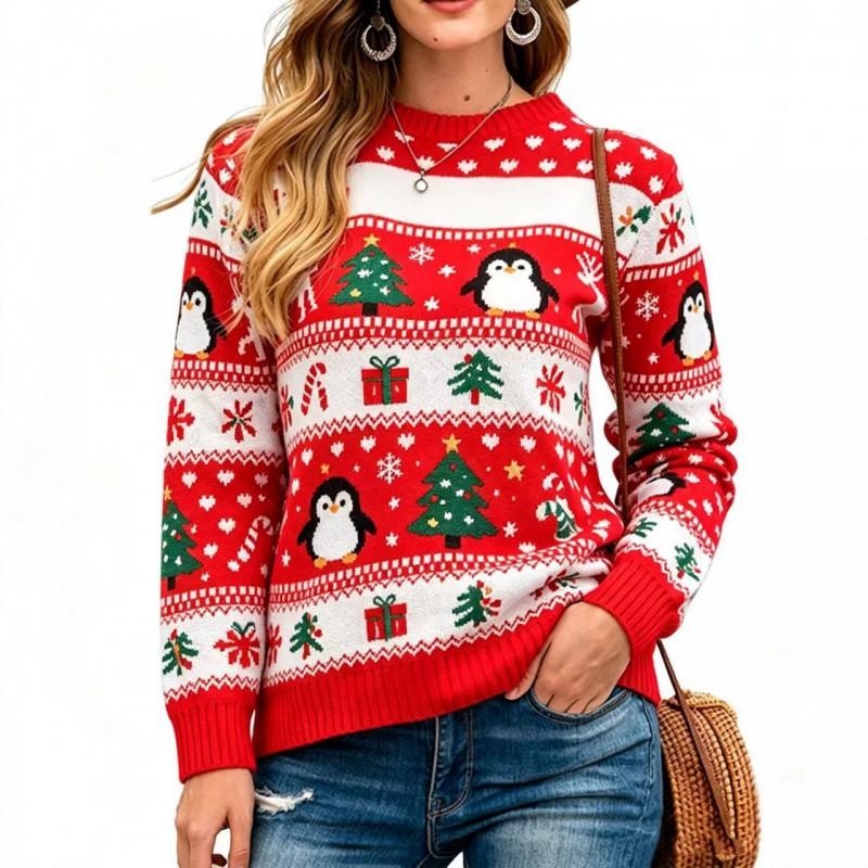 Womens Winter Knit Sweater With 3D Deer Snowflake Round Neck Loose Fit Long Sleeve Pullover