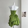 Retro temperament green bandeau bubble short skirt women's spring and summer birthday banquet evening dress dress