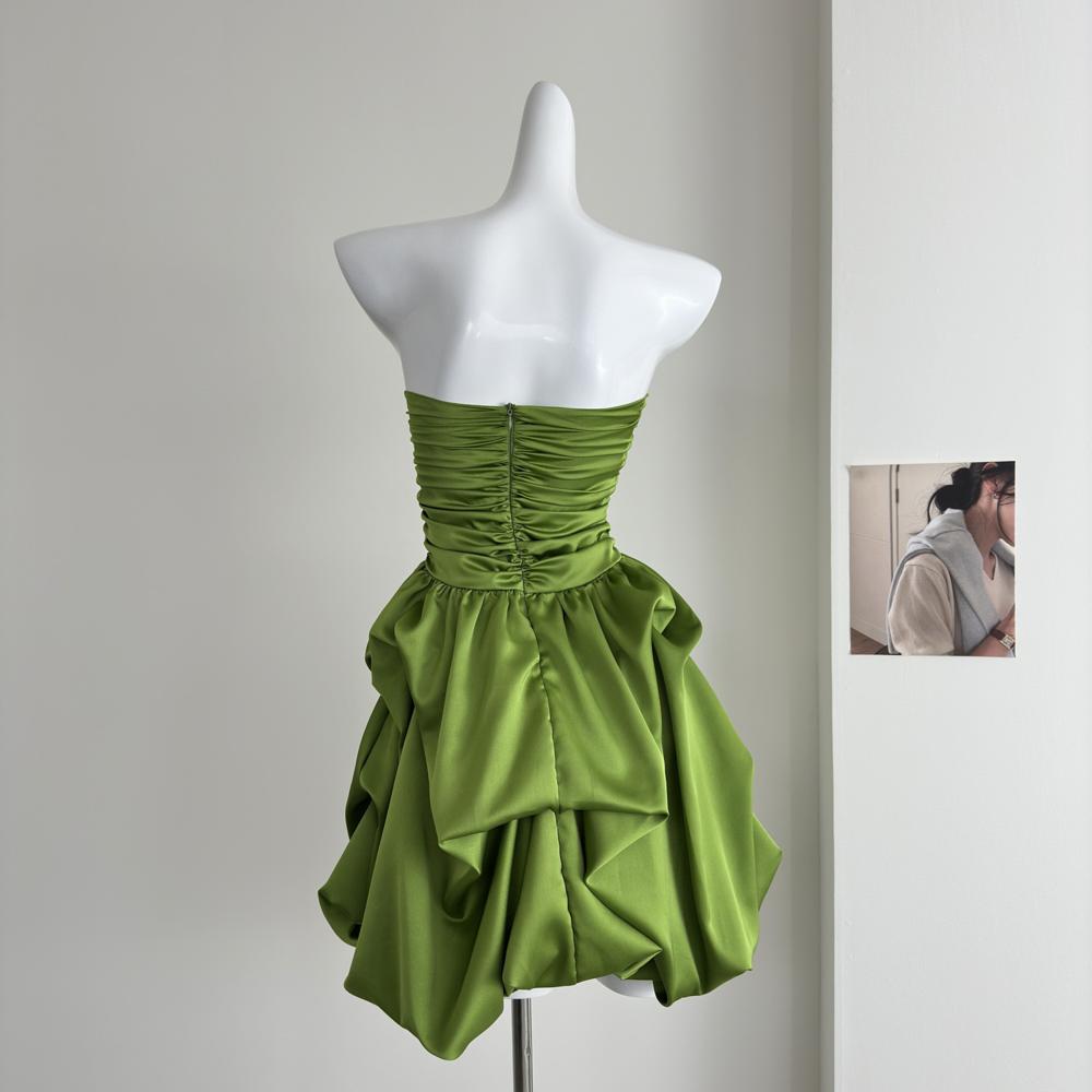 Retro temperament green bandeau bubble short skirt women's spring and summer birthday banquet evening dress dress