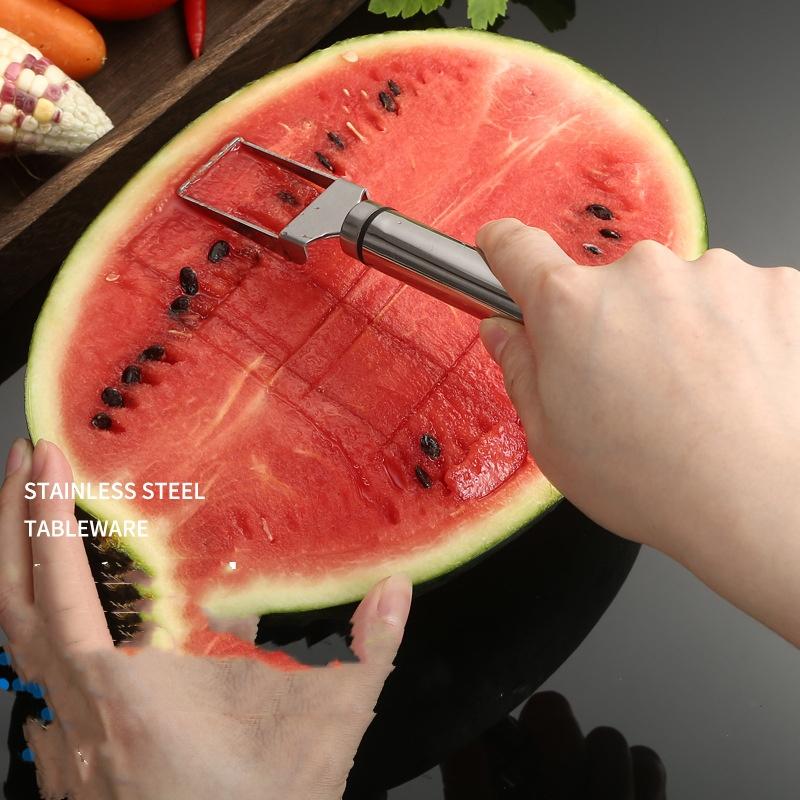 2-in-1 Stainless Steel Fruit Cutter,Dual Head Watermelon Fork Cutter Slicer Tool for Home Kitchen Gadget Melon Cube Cutter