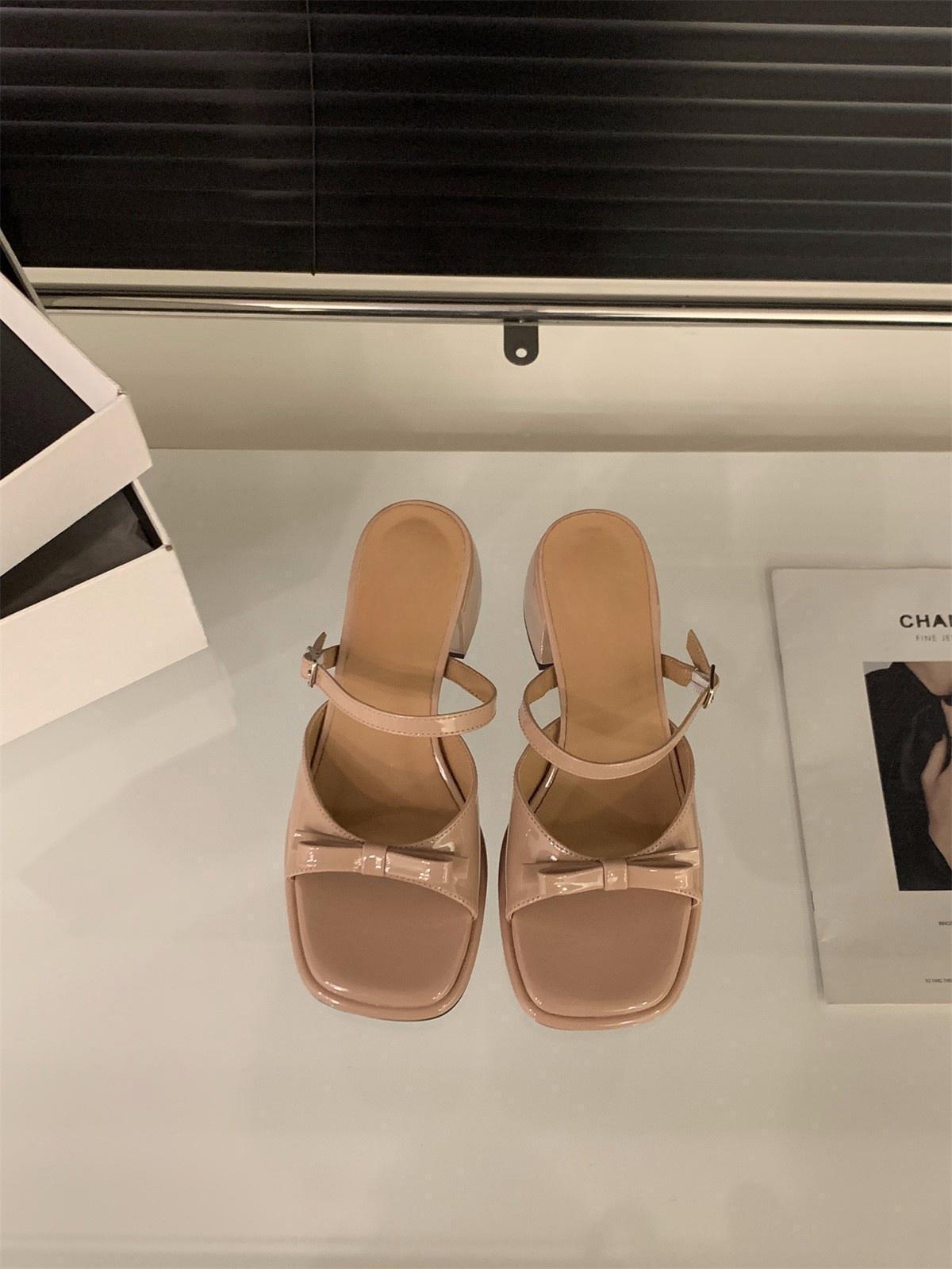 Французские туфли на среднем каблуке с одним словом, классные туфли-феи, новинка 2024 года, летние босоножки с бантом и розовым принтом 35 абрикосовый