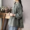 Vintage Künstlerischer Blumendruck Baumwoll-Leinen Bluse Damen Langarm Top Lässiges Hemd Spitze Patchwork Kragen Herbst Knopf Asiatische Größe