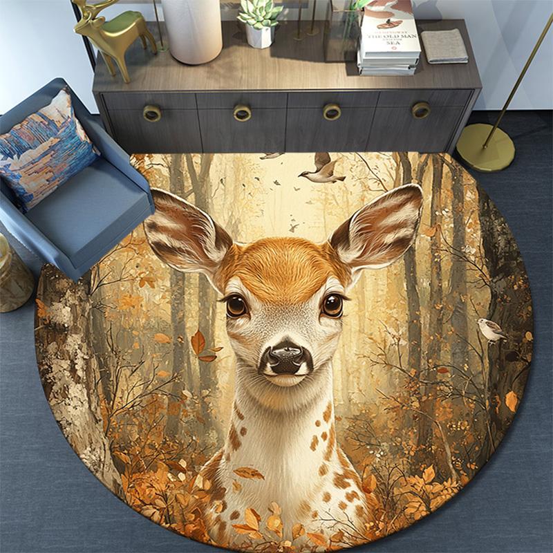 Autumn Forest Deer Round Area Rug,Carpet Rug for Living Room Bedroom Sofa Playroom Decor,Non-slip Floor Mat