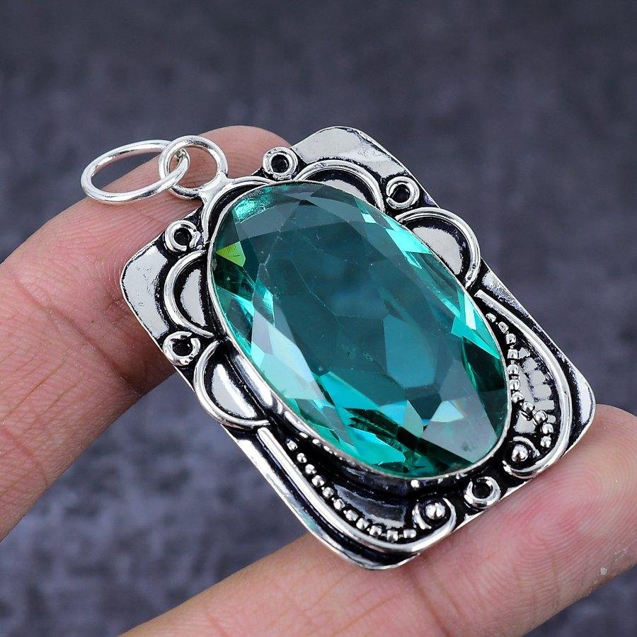 Green Tourmaline Gemstone Handmade 925 Sterling Silver Pendant 2.29" r5L13