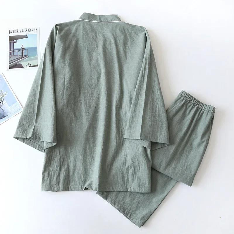 Spring/Autumn Kimono Mens Pajamas Men Sleepwear Male Thin Ninth Sleeve Lace-Up Top + Pants Loose Two-piece Homewear