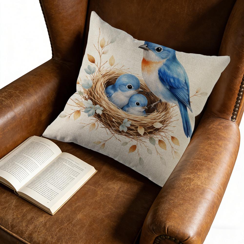 Cushion Cover Blue Bird Nest With Chicks Print For Home Decor Window Seat Pillow Case