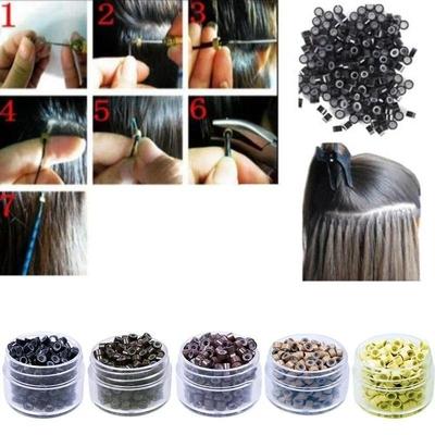 Cerca de 500 grãos/frasco de anel de extensão de cabelo de silicone de alumínio com fivela preta e marrom, ferramentas de salão, acessórios de beleza para cabelo