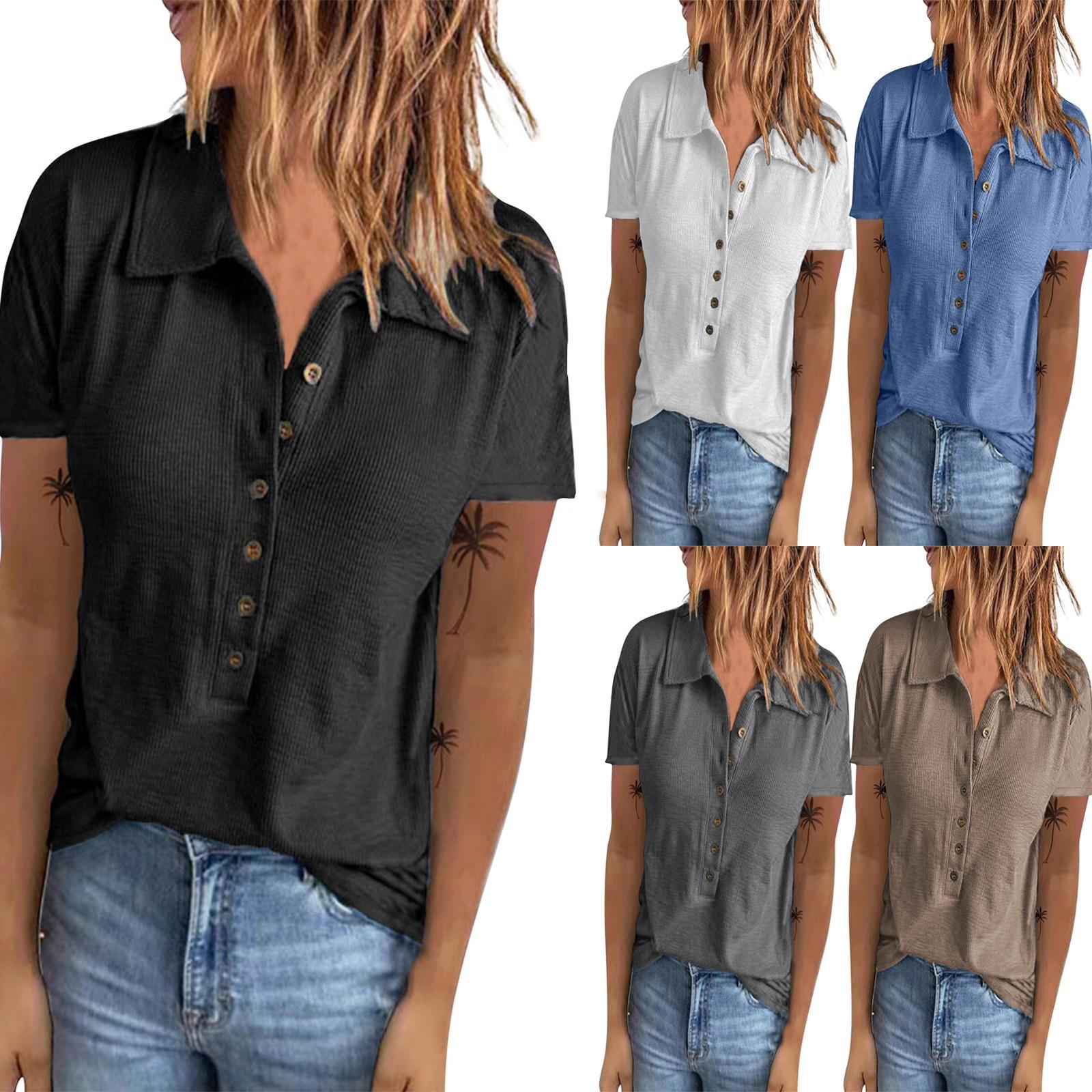 

Женская модная однотонная полосатая футболка с короткими рукавами и лацканами на пуговицах, топ